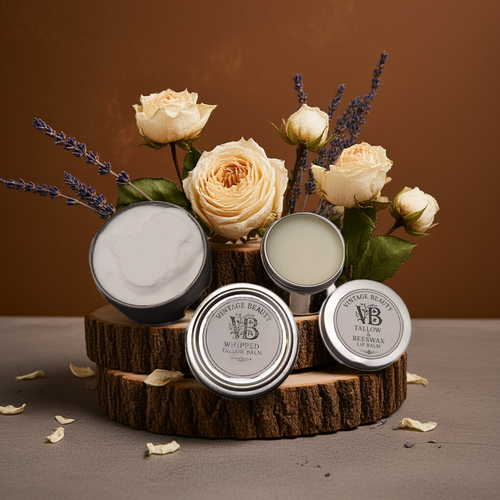 Whipped Tallow Lotion and Beeswax & Tallow Lip Balm Combo, Soothing All Natural Skin Care, No Chemicals or Preservatives, No Dyes or Parabens