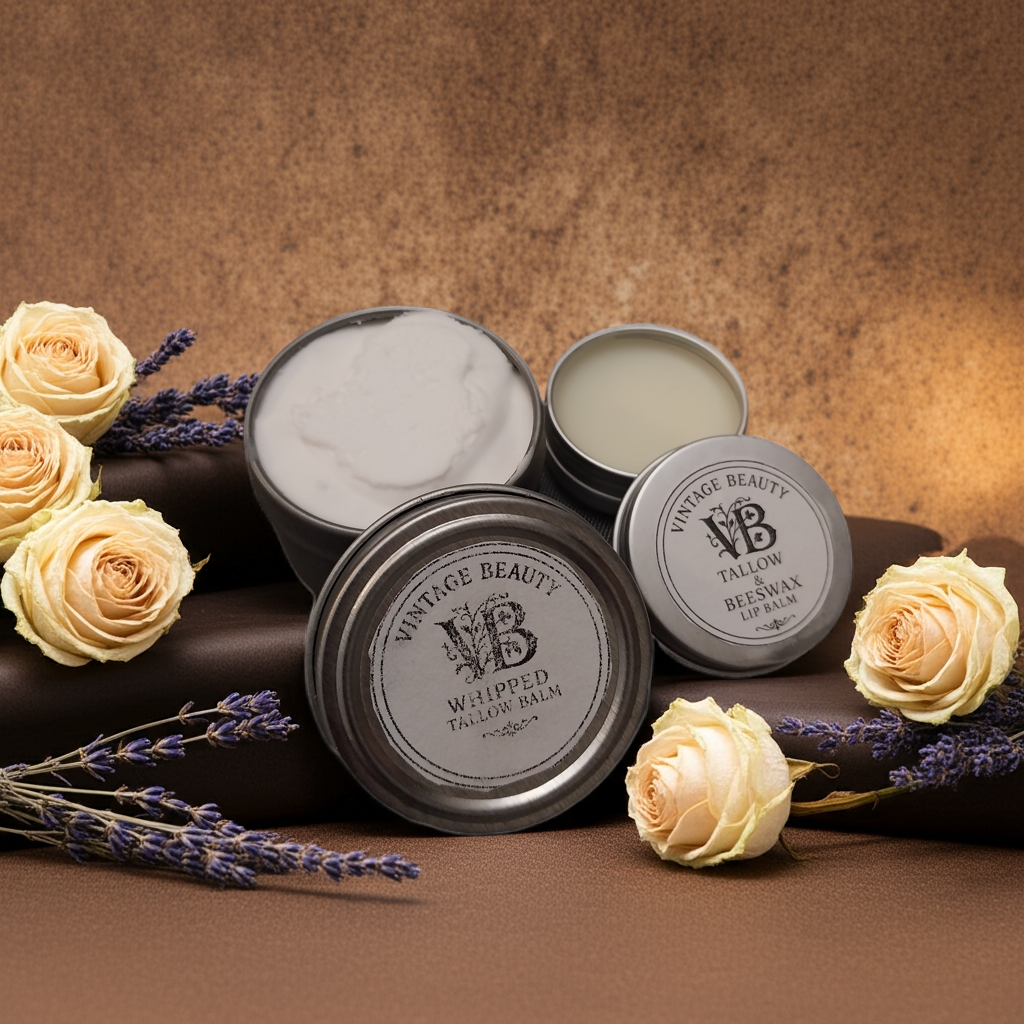Whipped Tallow Lotion and Beeswax & Tallow Lip Balm Combo, Soothing All Natural Skin Care, No Chemicals or Preservatives, No Dyes or Parabens
