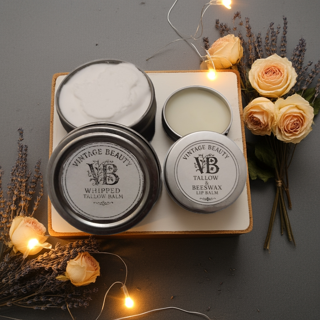 Whipped Tallow Lotion and Beeswax & Tallow Lip Balm Combo, Soothing All Natural Skin Care, No Chemicals or Preservatives, No Dyes or Parabens