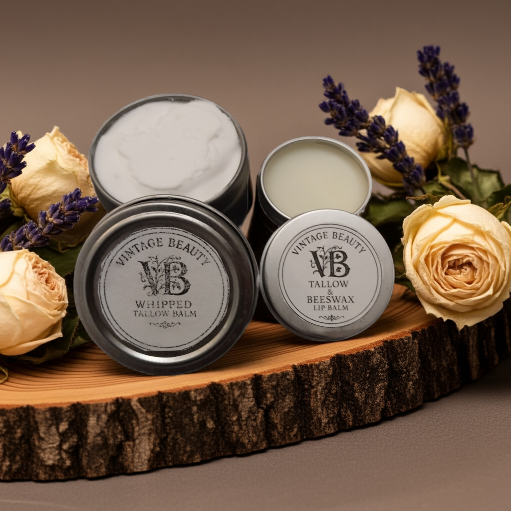 Whipped Tallow Lotion and Beeswax & Tallow Lip Balm Combo, Soothing All Natural Skin Care, No Chemicals or Preservatives, No Dyes or Parabens