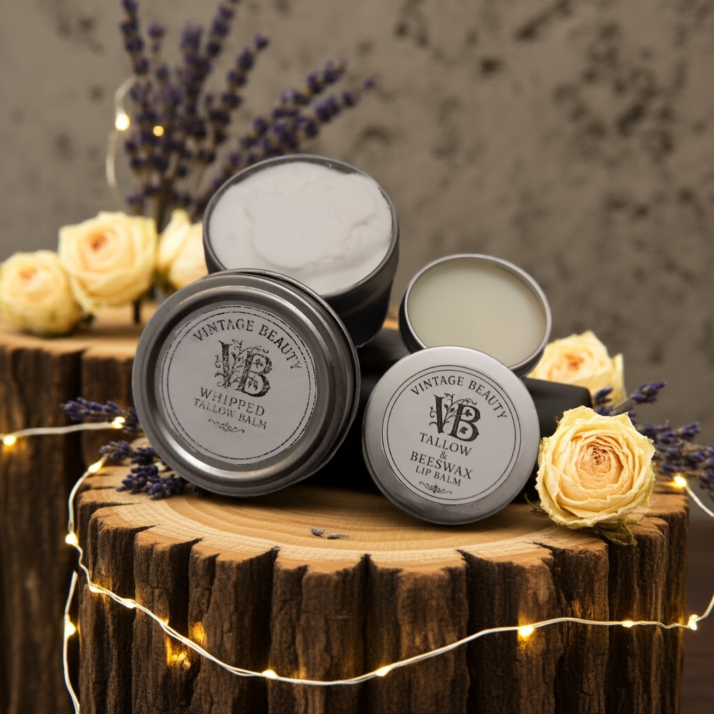 Whipped Tallow Lotion and Beeswax & Tallow Lip Balm Combo, Soothing All Natural Skin Care, No Chemicals or Preservatives, No Dyes or Parabens